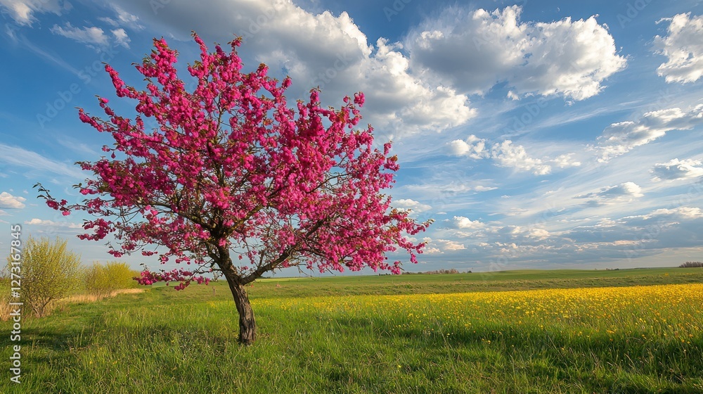 A flowering bush with bright pink blossoms in a countryside landscape A flowering bush with bright pink blossoms in a countryside landscape