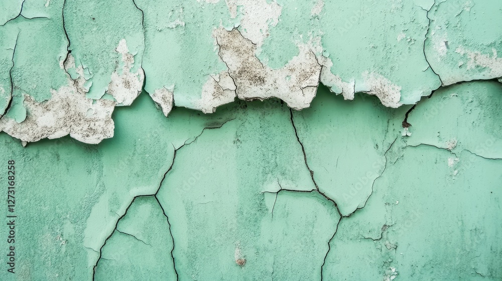 Obraz premium Cracked paint, peeling wall texture, distressed surface, green background, weathered, rustic pattern, aged facade, vintage look