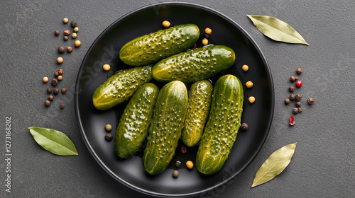 Whole pickled cucumbers glisten with brine and sit surrounded by spices on a dark plate, ideal for snacking photo