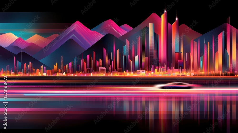 Fototapeta premium Abstract Cityscape at Night with Geometric Buildings and Water Reflections