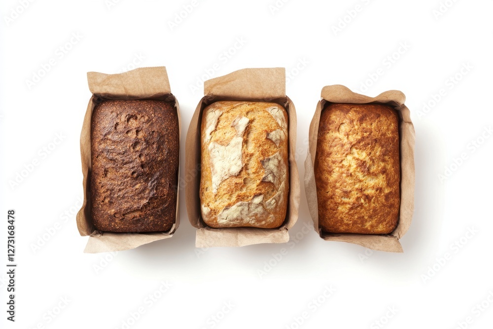 Freshly Baked Bread Loaves in Wooden Boxes on Clean White Background Freshly Baked Bread Loaves in Wooden Boxes on Clean White Background