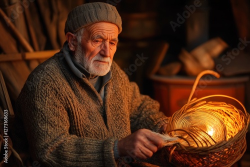 Making bast shoes by hand an elderly peasant sits by the stove in a hut and weaves bast shoes, tools and baskets with blanks around him, detailing the textures of wood and fabric, warm lamp light. photo