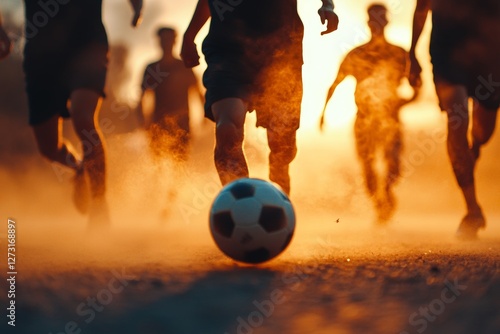 Soccer match on a street field young guys play soccer on an asphalt playground in the yard, dust flies from the ball, movement dynamics, emotions of competition.