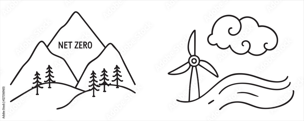 Fototapeta premium Net Zero Net zero concept with mountains, trees, wind turbine, and clouds illustration.