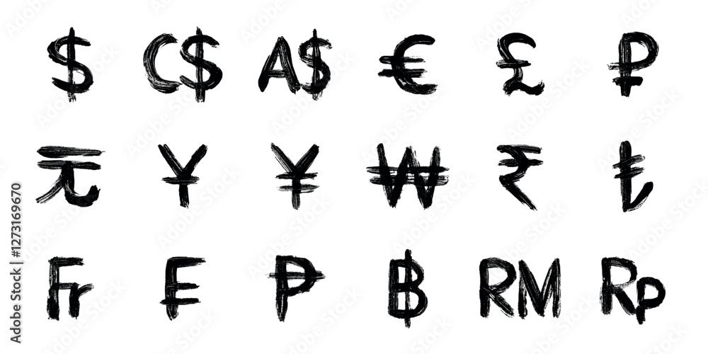 Hand drawn currency symbol set Dollar euro pound ruble yuan yen won rupee lira franc peseta baht ringgit rupiah Hand drawn currency symbol set Dollar euro pound ruble yuan yen won rupee lira franc peseta baht ringgit rupiah