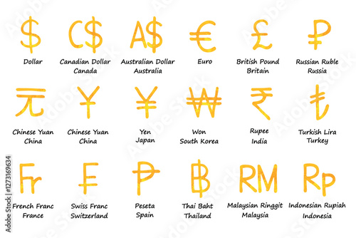 Hand drawn currency symbol set Dollar euro pound ruble yuan yen won rupee lira franc peseta baht ringgit rupiah