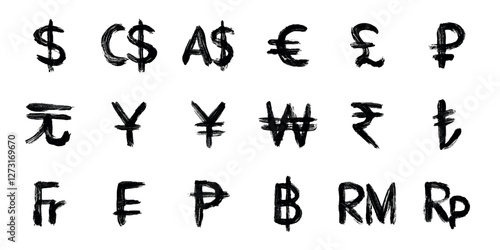 Hand drawn currency symbol set Dollar euro pound ruble yuan yen won rupee lira franc peseta baht ringgit rupiah