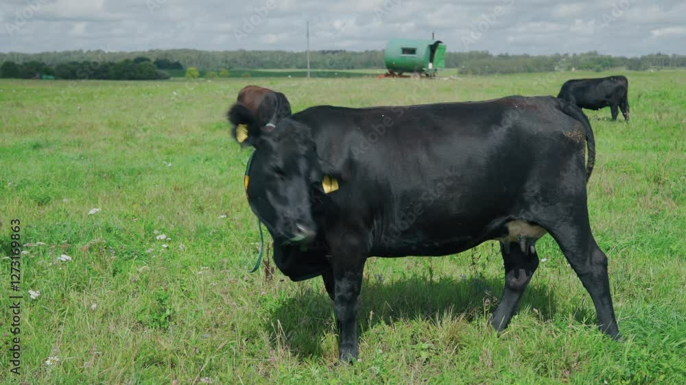 A Black Angus cow stands sideways and looks at the camera. Cows and bulls are black and brown. A herd grazes on a green meadow. A Black Angus cow stands sideways and looks at the camera. Cows and bulls are black and brown. A herd grazes on a green meadow.