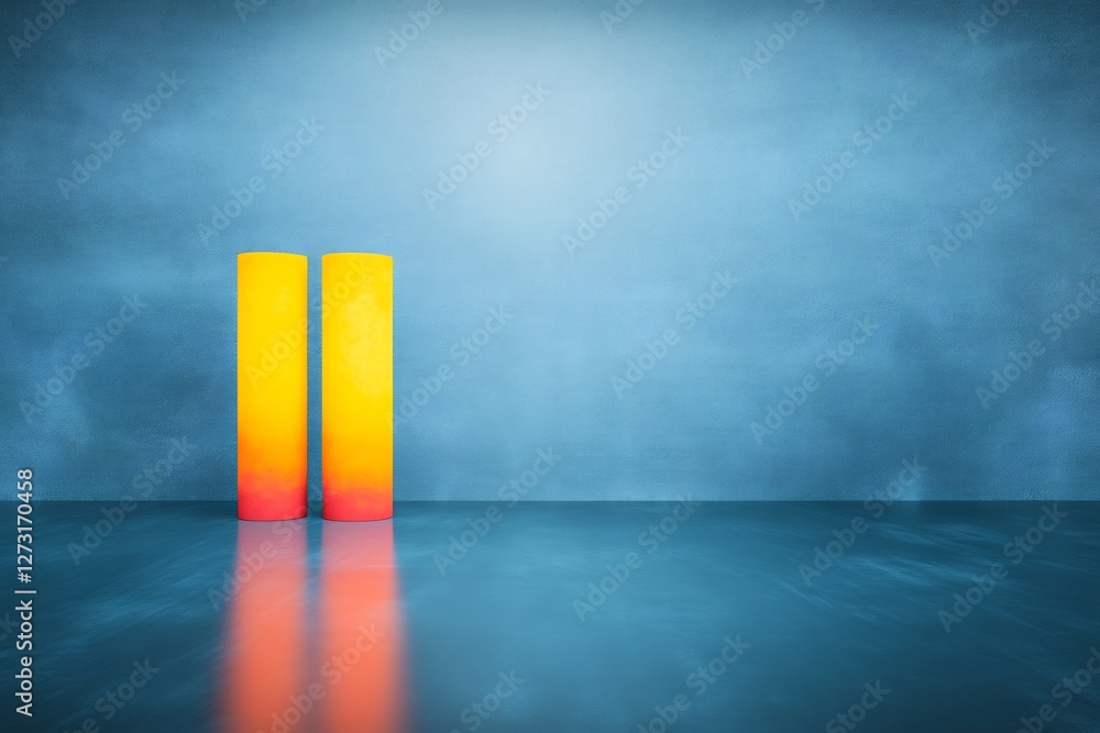 Two glowing yellow columns reflect softly on a blue floor a serene minimalist scene. AI Generated Two glowing yellow columns reflect softly on a blue floor a serene minimalist scene. AI Generated