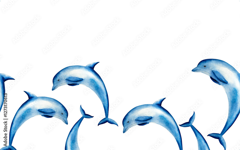 Obraz premium Dolphin jumping seamless frame, border, banner. Watercolor hand drawn illustration isolated on background. For designers, postcards, greetings, birthday, calendar, wallpapers, wrapping paper, baby