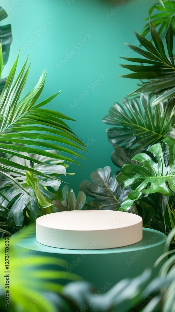 Stylish podium product platform surrounded by lush green tropical leaves, creating a fresh and vibrant backdrop for showcasing your items. Stylish podium product platform surrounded by lush green tropical leaves, creating a fresh and vibrant backdrop for showcasing your items.