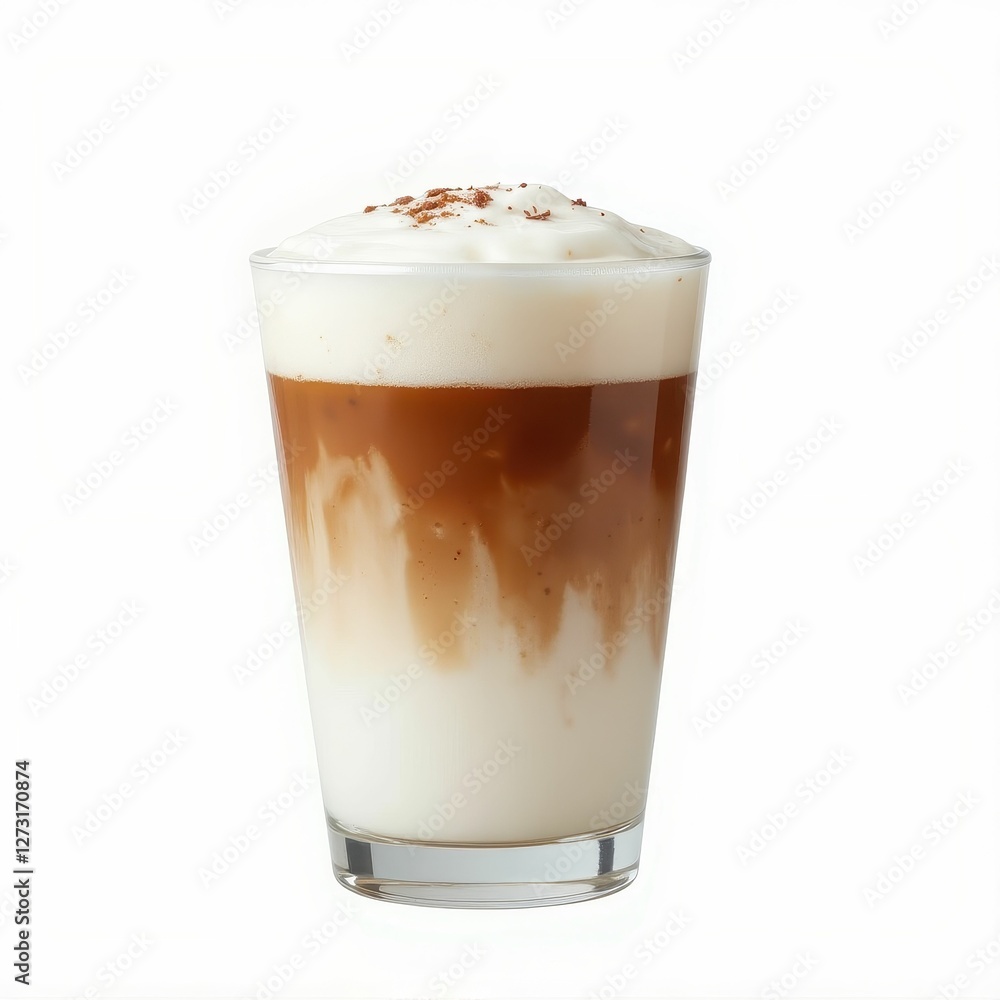 Delicious Layered Coffee Beverage with Frothy Topping in Clear Glass against White Background Delicious Layered Coffee Beverage with Frothy Topping in Clear Glass against White Background