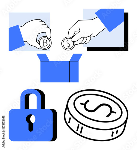 Hands exchanging Bitcoin and Dollar coins above an open box, blue padlock and coin with dollar sign at bottom. Ideal for finance, cryptocurrency, security, transaction, investment, banking