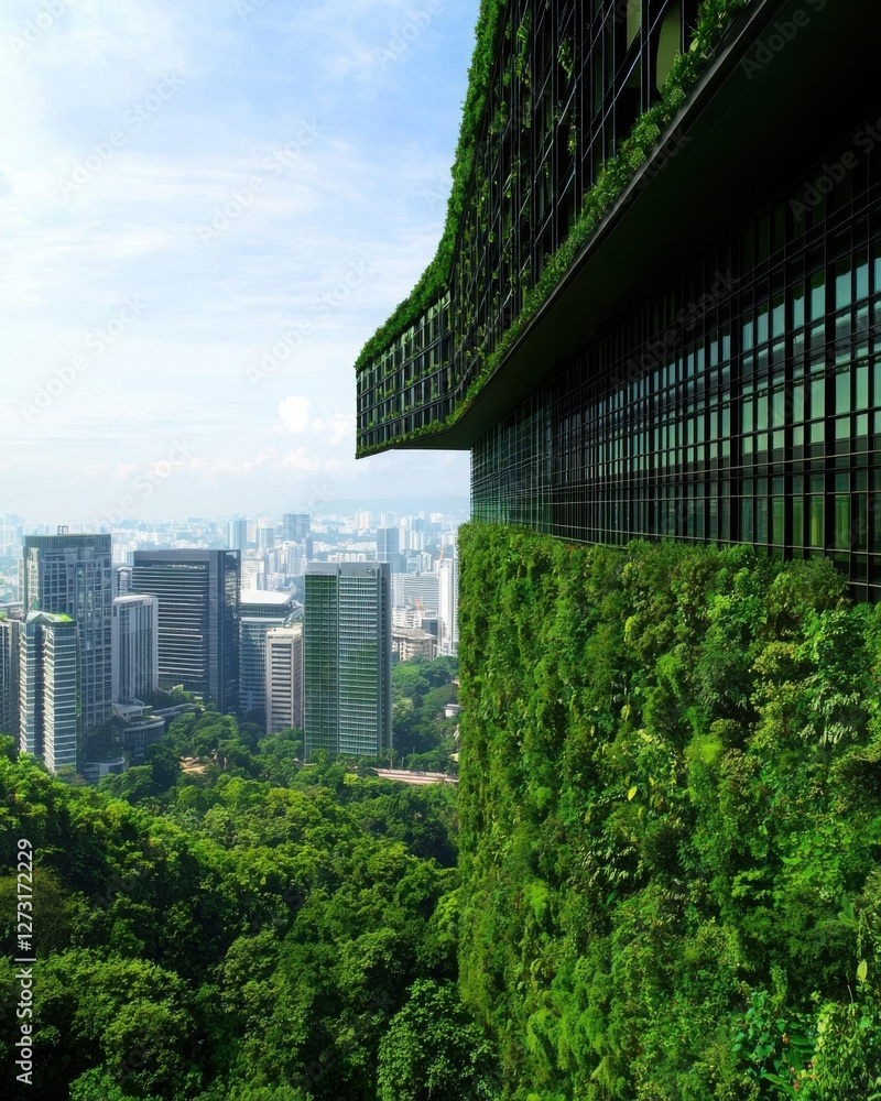 Fototapeta premium A modern building covered in lush greenery, blending nature with urban architecture against a backdrop of a city skyline.
