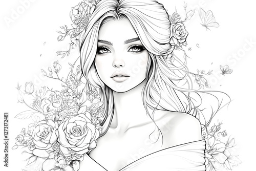 Portrait beautiful girl with flower. Sketch for coloring book