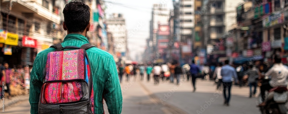 Fototapeta premium A person with a colorful backpack walks through a bustling street filled with shops and pedestrians, capturing the vibrancy of urban life.