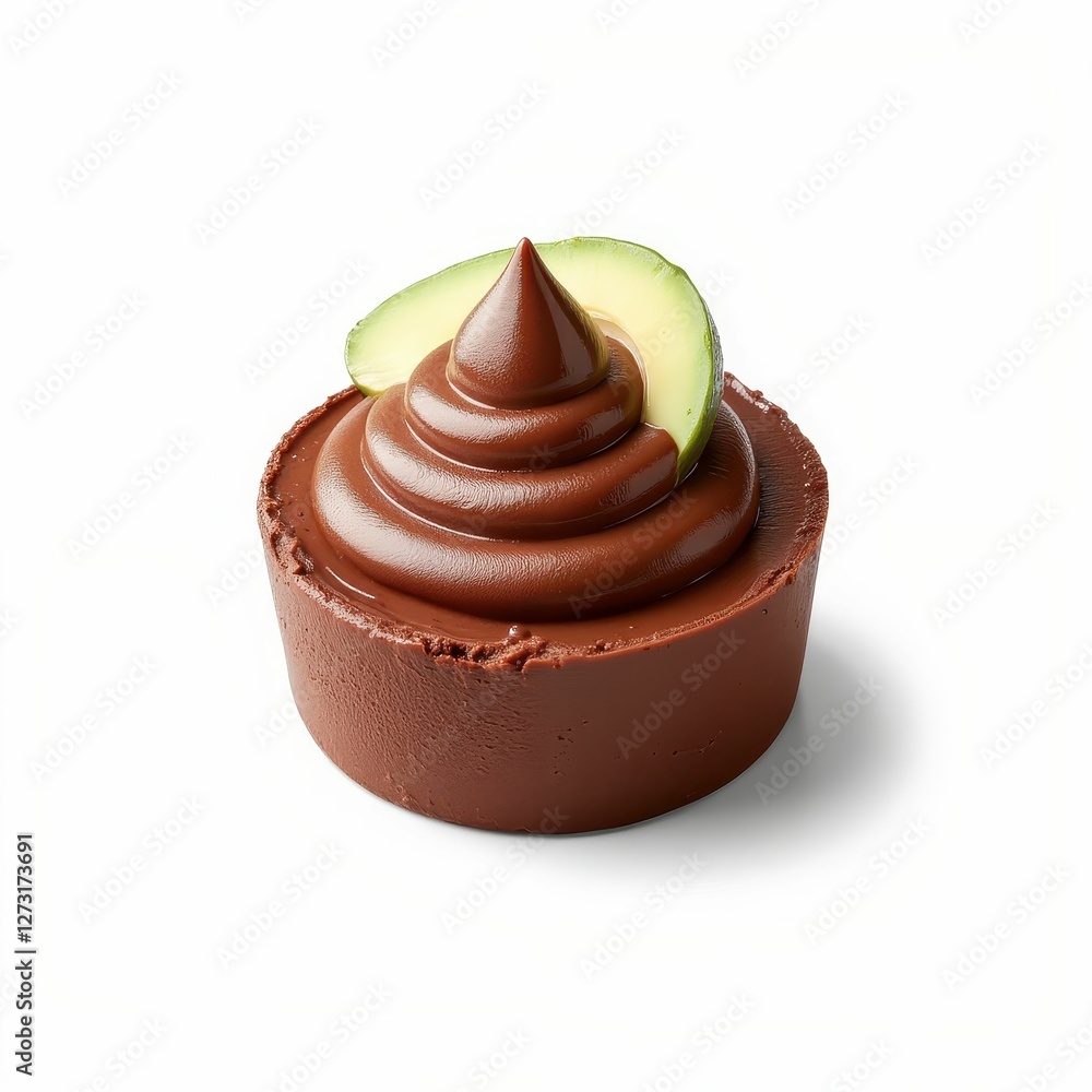 Chocolate Avocado Mousse Dessert with a Slice of Green Avocado Garnish on a White Backdrop Chocolate Avocado Mousse Dessert with a Slice of Green Avocado Garnish on a White Backdrop