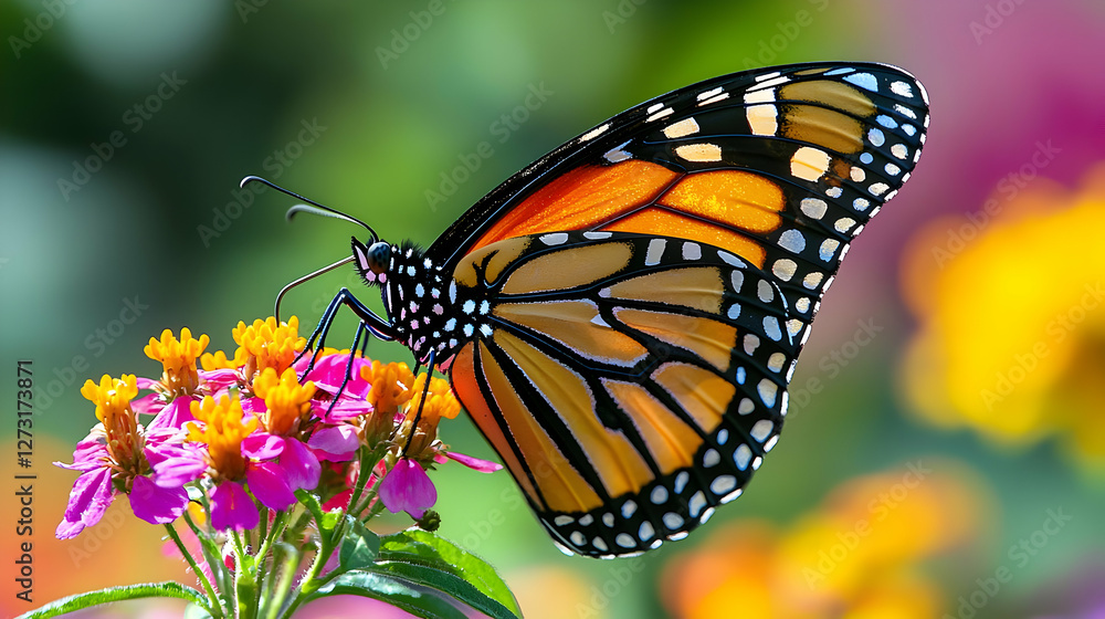 Monarch Butterfly on Flower, Realistic Image Monarch Butterfly on Flower, Realistic Image