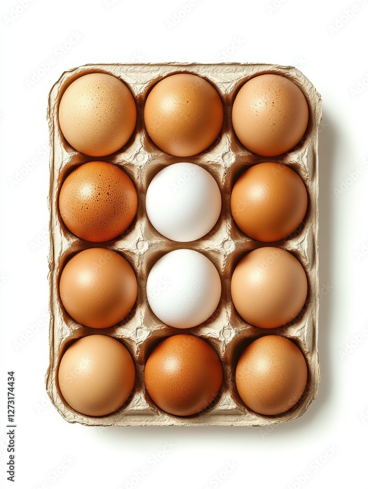 overhead view of eleven brown eggs, one white egg, in a cardboard egg carton isolated on white overhead view of eleven brown eggs, one white egg, in a cardboard egg carton isolated on white
