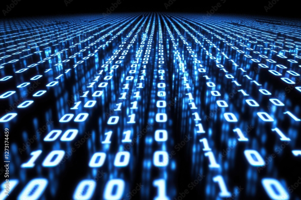 Fototapeta premium A mesmerizing digital landscape of binary code, flowing in blue tones, representing data and technology in an abstract manner.