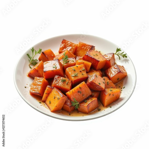 Elegant Roasted Butternut Squash Cubes on a White Plate Garnished with Fresh Herbs for Fine Dining