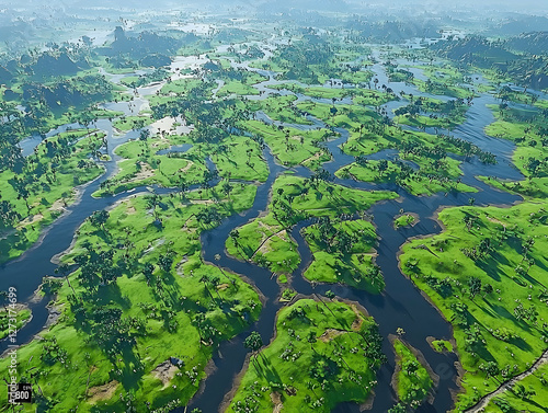 Aerial view of a lush, flooded landscape.  Possible use for nature documentaries or travel brochures photo