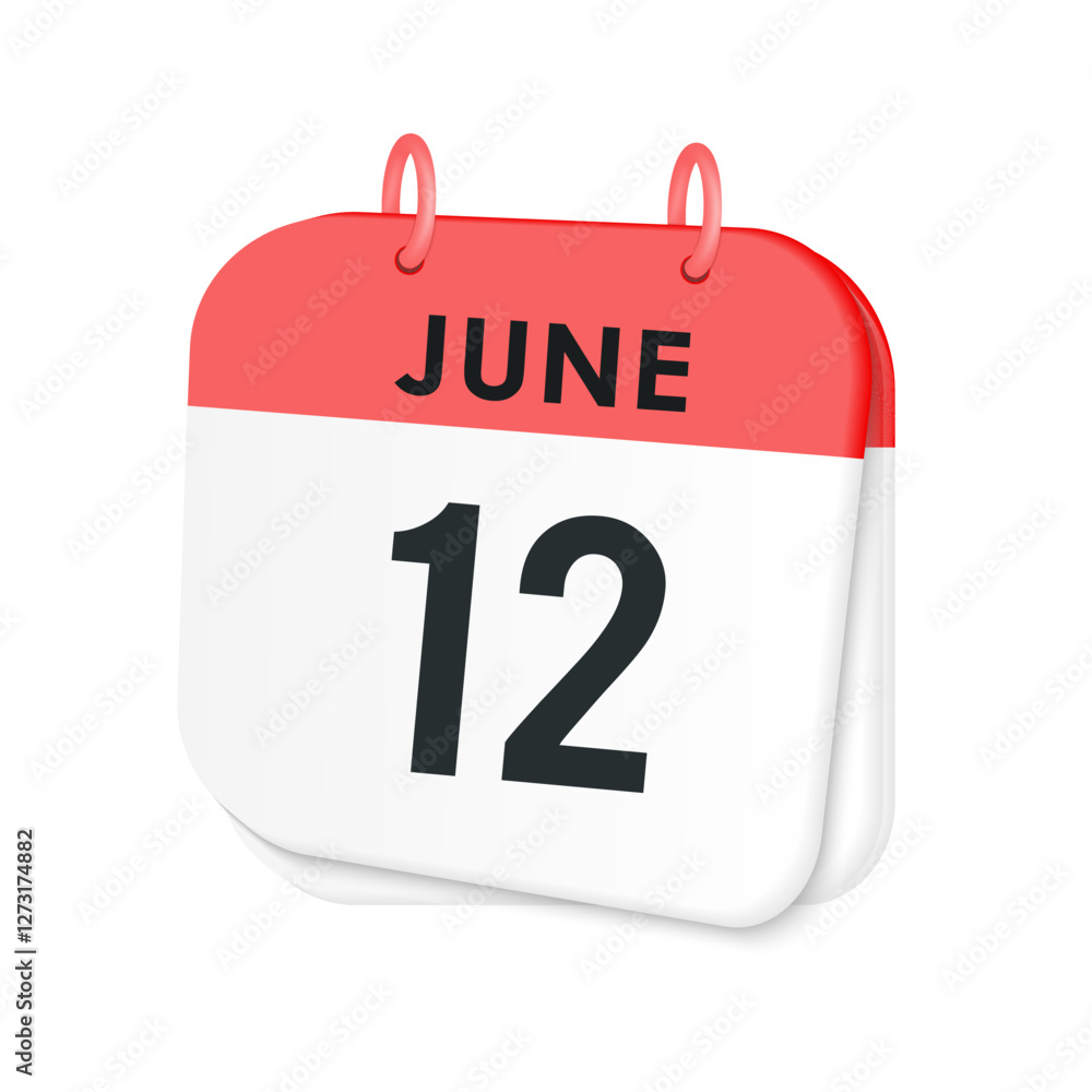 12th June daily calendar icon template. June 12 day calendar design. Single day calendar in vector illustration flat style. 12th June daily calendar icon template. June 12 day calendar design. Single day calendar in vector illustration flat style.