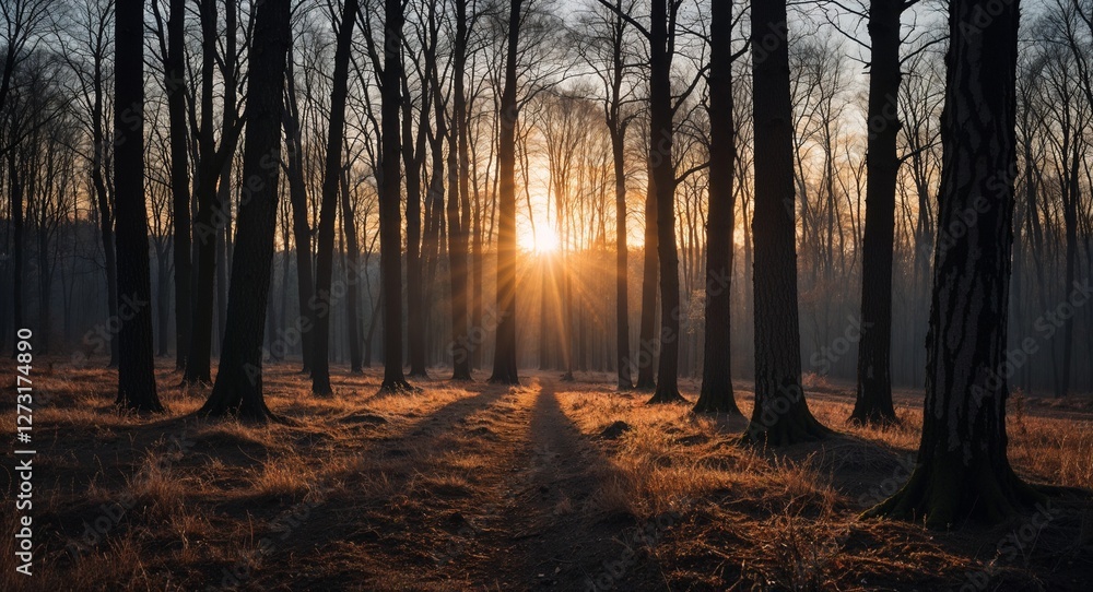 Obraz premium Forest in late afternoon during winter sun low creating long shadows between the trees