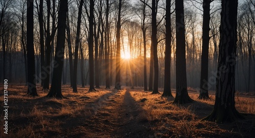 Forest in late afternoon during winter sun low creating long shadows between the trees