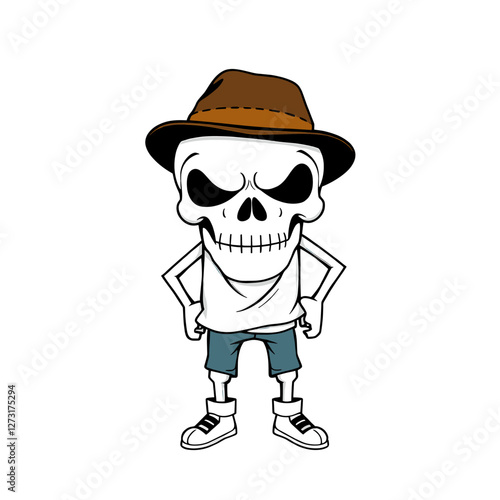 a skull emoji wearing a brown hat, a white shirt, blue shorts, and white sneakers.