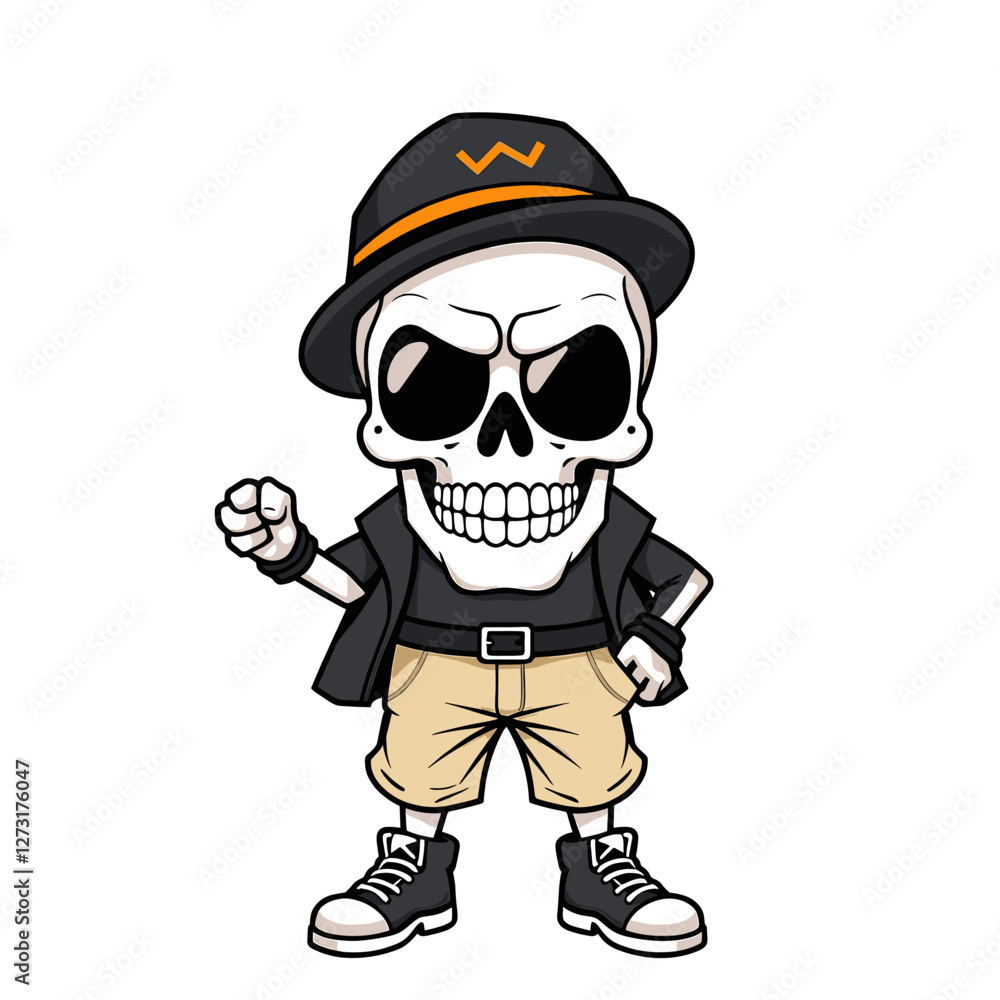 Fototapeta premium a skull emoji wearing a black hat with a w, a black jacket, and beige pants.