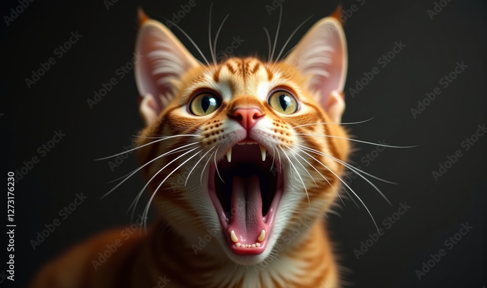 Naklejka premium A close-up of an expressive orange cat with an open mouth, showcasing its vibrant personality. Perfect for pet-related branding and marketing.