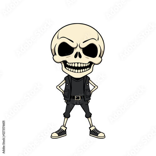 a skull emoji wearing a leather jacket, standing with its hands on its hips and a stern expression on its face.