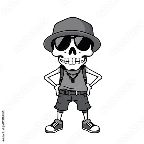 a skull emoji wearing a hat, sunglasses, and a backpack, with a confident and cool demeanor.