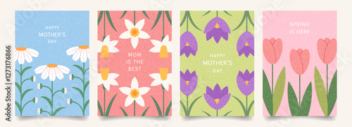 Set of Happy Women's Day trendy cards. International Women's Day posters with spring flowers, daffodil, daisy, pink tulip, crocus. Vector template holiday cover, ads, branding, cover, banner, flyer.