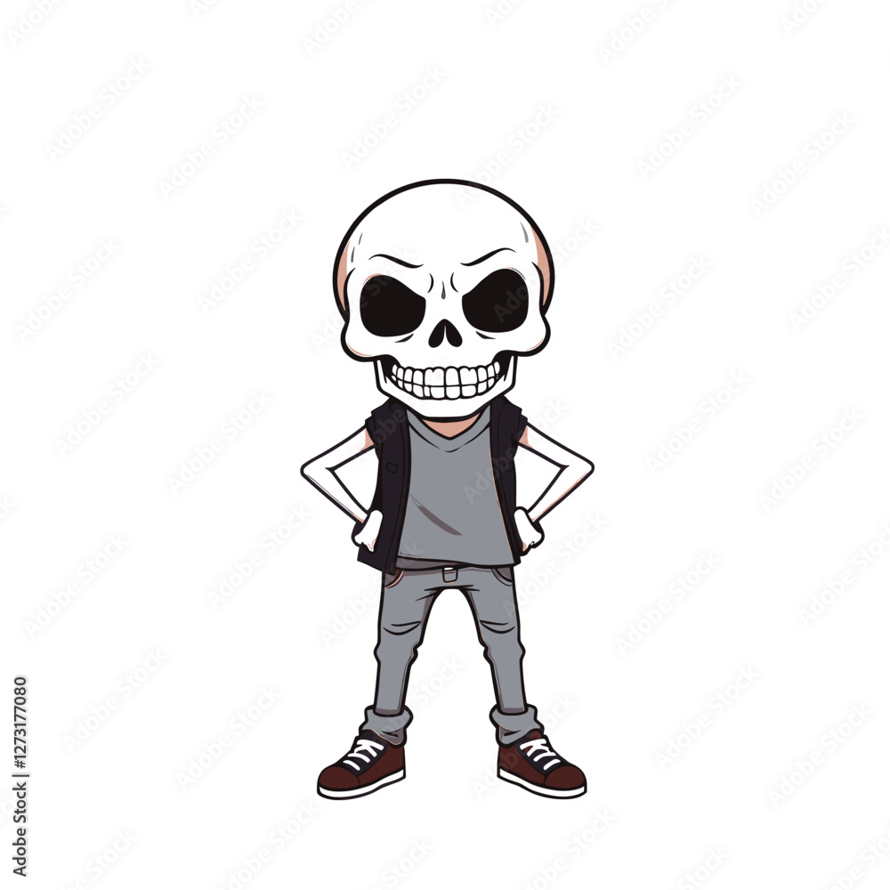 a skull emoji wearing a gray shirt, black vest, and brown shoes. a skull emoji wearing a gray shirt, black vest, and brown shoes.
