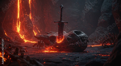 A dramatic scene featuring a large skull with a greatsword embedded in it, surrounded by lava and skeletal remains photo