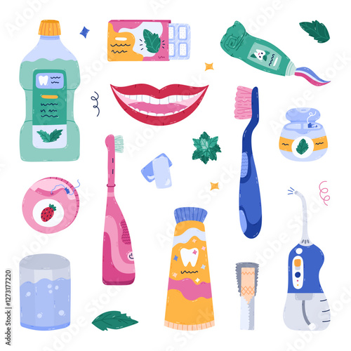 Lovely cartoon dental hygiene set for pure teeth, refreshing breath, health gums, bleaching enamel. Cute hand drawn dentistry concept collection for white and healthy smile isolated on background.