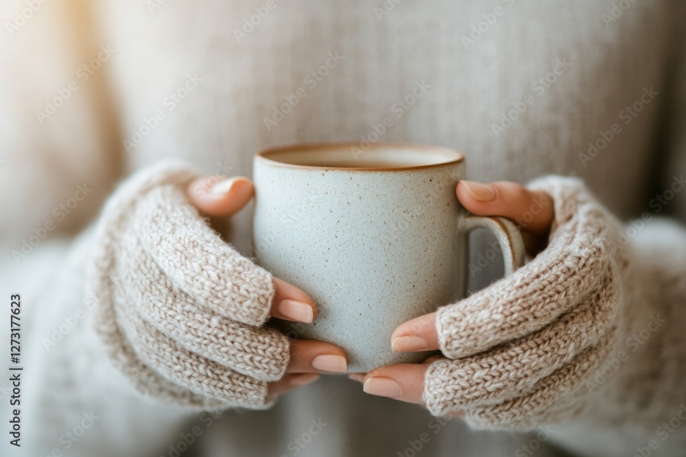 Warm hands cradle cozy mug, embodying comfort and relaxation in Warm hands cradle cozy mug, embodying comfort and relaxation in