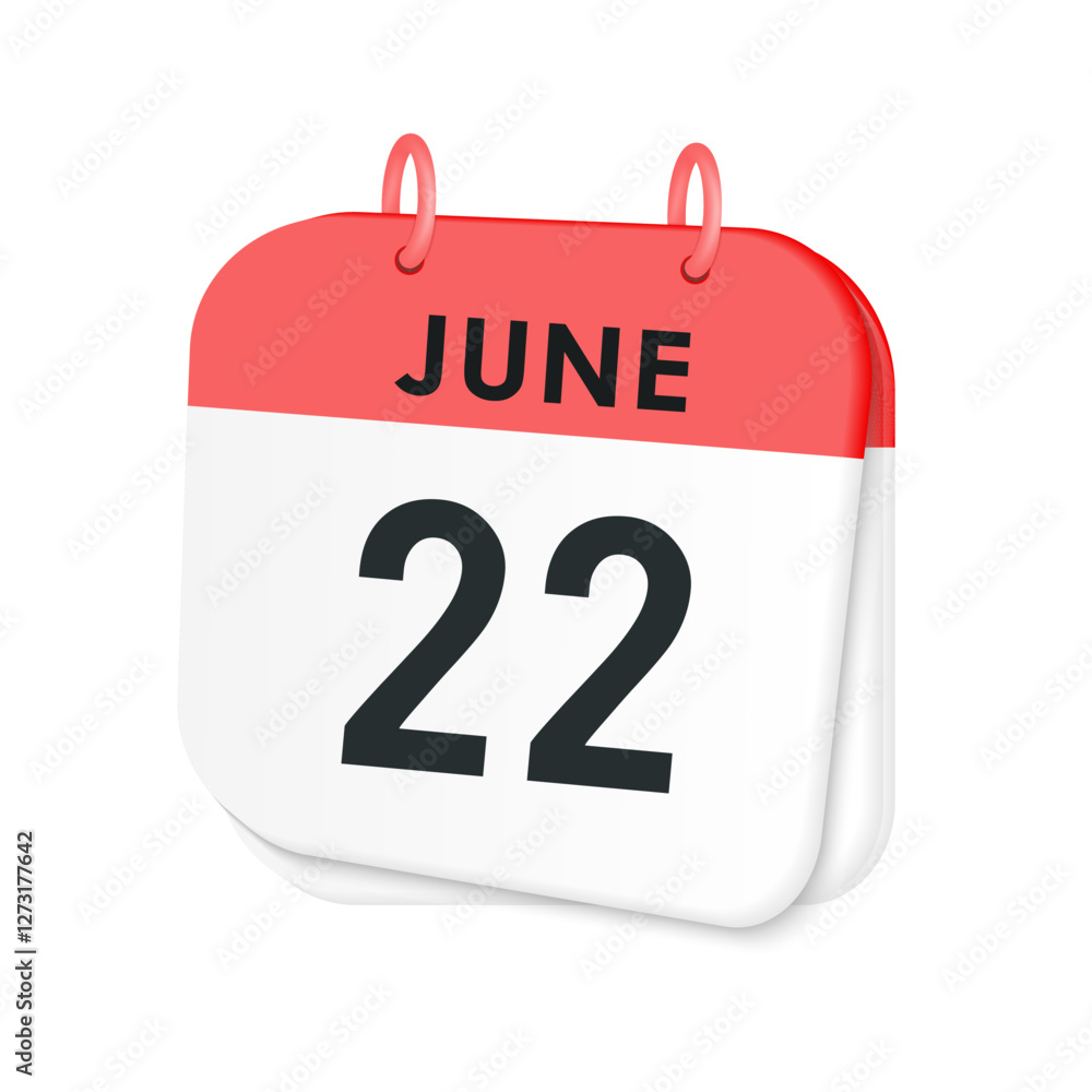 22th June daily calendar icon template. June 22 day calendar design. Single day calendar in vector illustration flat style. 22th June daily calendar icon template. June 22 day calendar design. Single day calendar in vector illustration flat style.