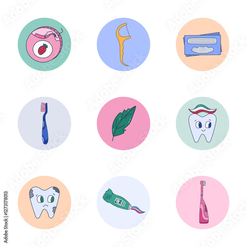 Lovely cartoon round cover icon with teeth treatment doodle for different social media, business, branding. Highlight icons for stories with funny tooth characters, brush, floss in pastel colors.