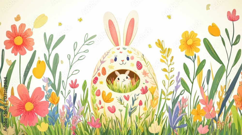 Easter Bunny in Decorated Egg Surrounded by Spring Flowers Scene Easter Bunny in Decorated Egg Surrounded by Spring Flowers Scene