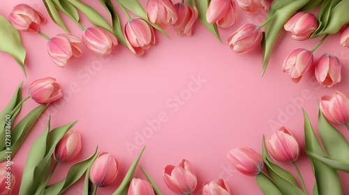 Spring tulip flowers on pink background top view in flat lay style. Greeting for Womens or Mothers Day or Spring Sale Banner. Generative Ai.