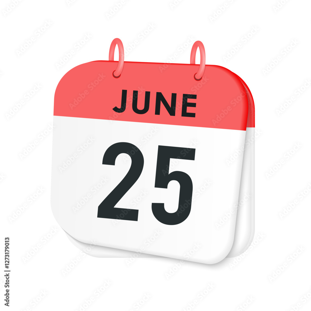 25th June daily calendar icon template. June 25 day calendar design. Single day calendar in vector illustration flat style. 25th June daily calendar icon template. June 25 day calendar design. Single day calendar in vector illustration flat style.