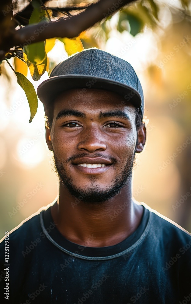 A man with a black hat and a black shirt is smiling. The image has a warm and friendly mood A man with a black hat and a black shirt is smiling. The image has a warm and friendly mood