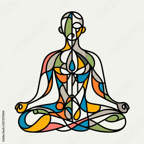 Inner Harmony: A colorful abstract illustration of a person in a meditative pose, symbolizing peace and well-being. This image represents balance and tranquility in a stylized format.