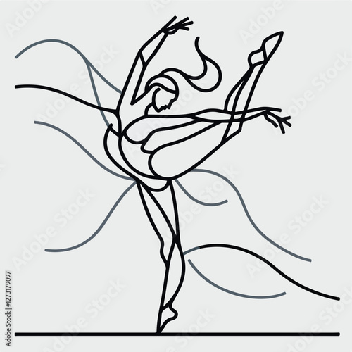 Elegance in Motion: A line art depiction of a ballet dancer, captured in a dynamic pose that conveys grace, skill, and the artistry of dance.