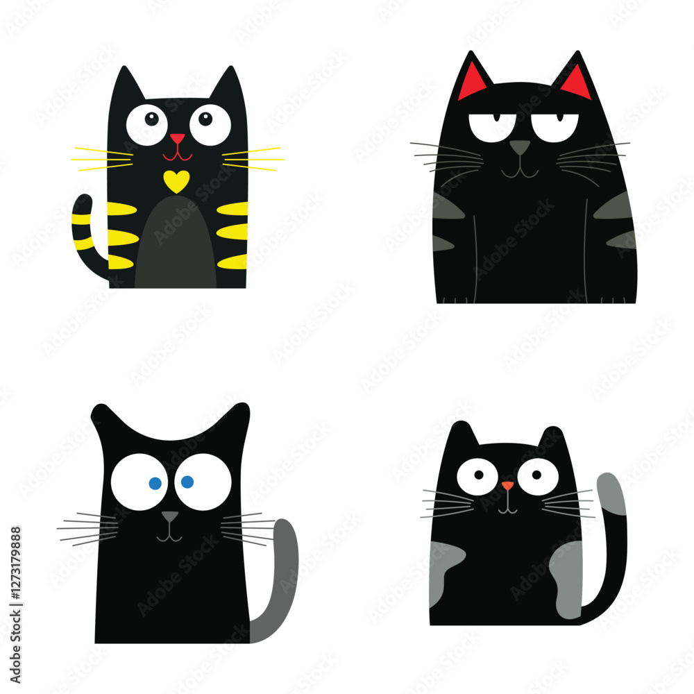Obraz premium Set of Black Cute Naughty Cat Animal Cartoon Character with Humor Curious Lazy Face