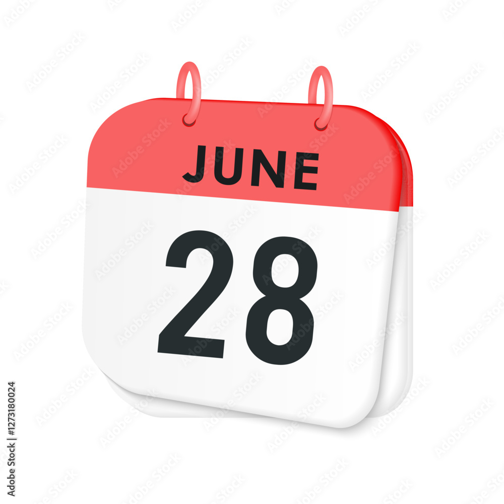 28th June daily calendar icon template. June 28 day calendar design. Single day calendar in vector illustration flat style. 28th June daily calendar icon template. June 28 day calendar design. Single day calendar in vector illustration flat style.
