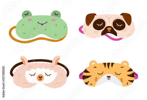 Childish cartoon animal sleeping mask set in the shape of pet head. Funny kids eye mask collection with frog, pug dog, llama, tiger head. Hand drawn good night accessory for nap isolated on white.